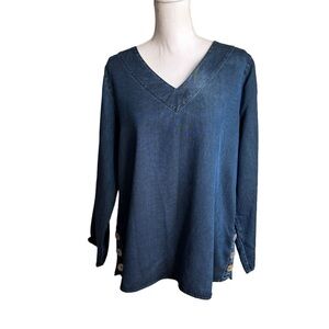Soft Surroundings Chambray Denim Shirt Tunic Top Button Detail Size Large